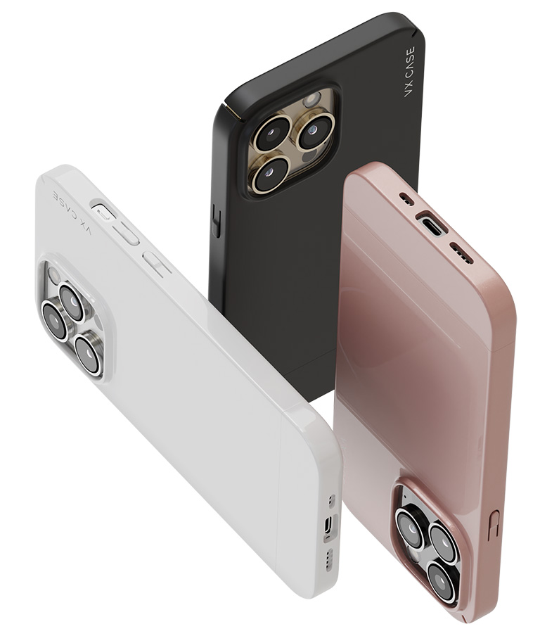 Três capas para iPhone, nas cores Branca, Preta e Rosé