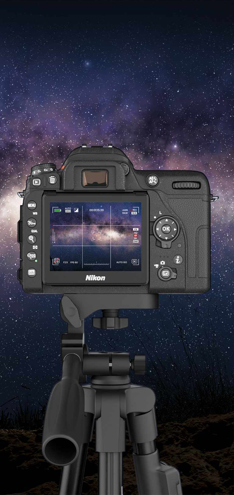 Tripé Fotográfico VX Case junto com uma camera profissional gravando e tirando fotos do lua