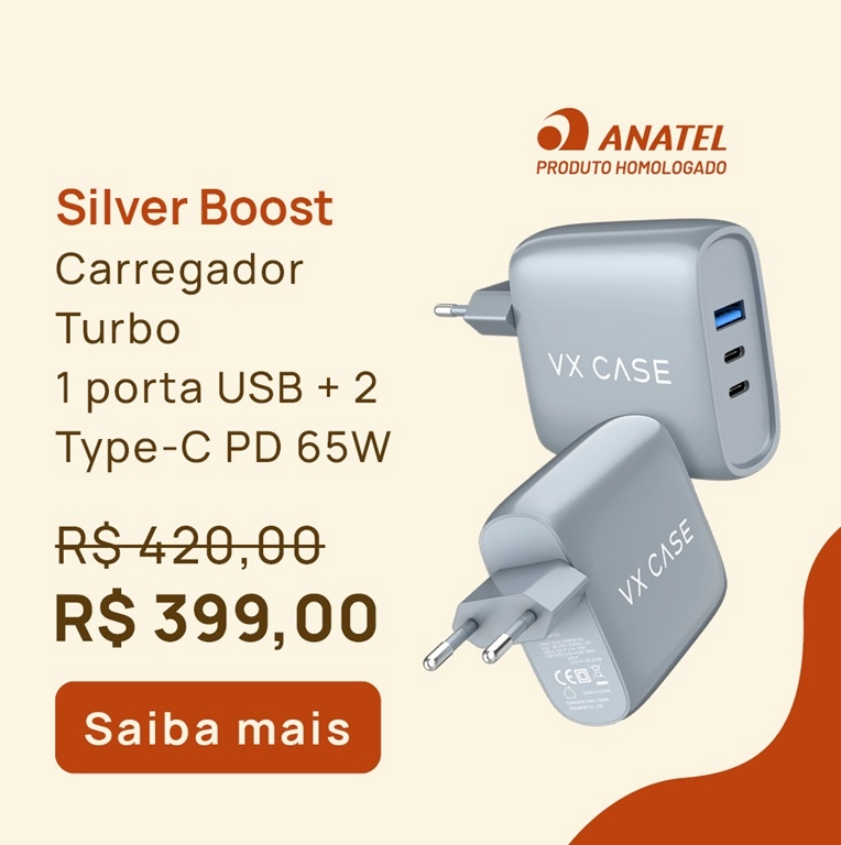 Silver Boost - carregador turbo com 2 USB e 2 Type-C PD com 65W - VX Case